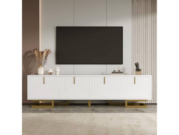 FammyLoft 160cm TV Lowboard mit 4 Strukturierten Türen, Stilvolle TV Schrank, Fernsehschrank mit Goldene Griffe und Goldene Beine, Fernseher Schrank für Wohnzimmer, Weiß