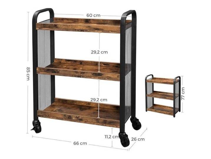 Desserte de Cuisine Industrielle VASAGLE - Chariot avec Pieds Réglables et Roulettes - Marron Rustique
