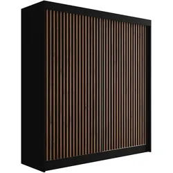 KLEIDERSCHRANK mit Lamel-Schiebetüren VILANv2 - 200 cm Schwarz + Lamelle Eiche Wotan