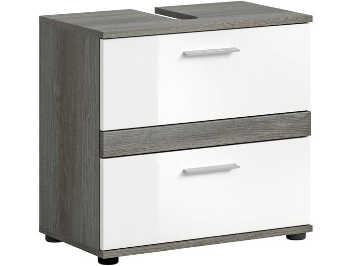 Waschbeckenunterschrank WELLTIME LUCCA, Breite 60 cm, 2 Schubkästen, hochwertige MDF Front , weiss (rauchsilber nachbildung, weiß hochglanz), B:60cm H:57cm T:34cm, Holzwerkstoff, Schränke, Waschbeckenunterschrank, Badschrank, Bad-Möbel, Badezimmer