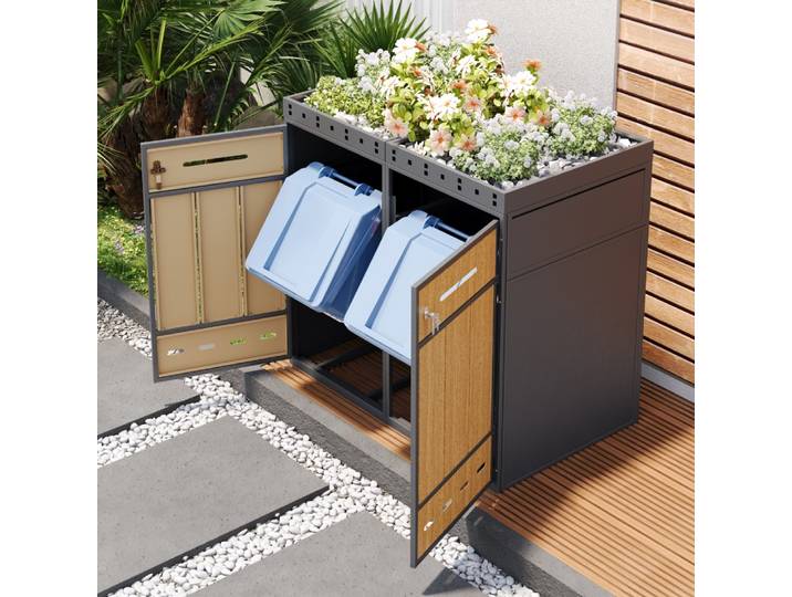 Poubelle extérieure avec toit végétal, pour poubelles de 120 à 240 litres, bac à déchets avec doublure, conteneur à déchets dissimulé