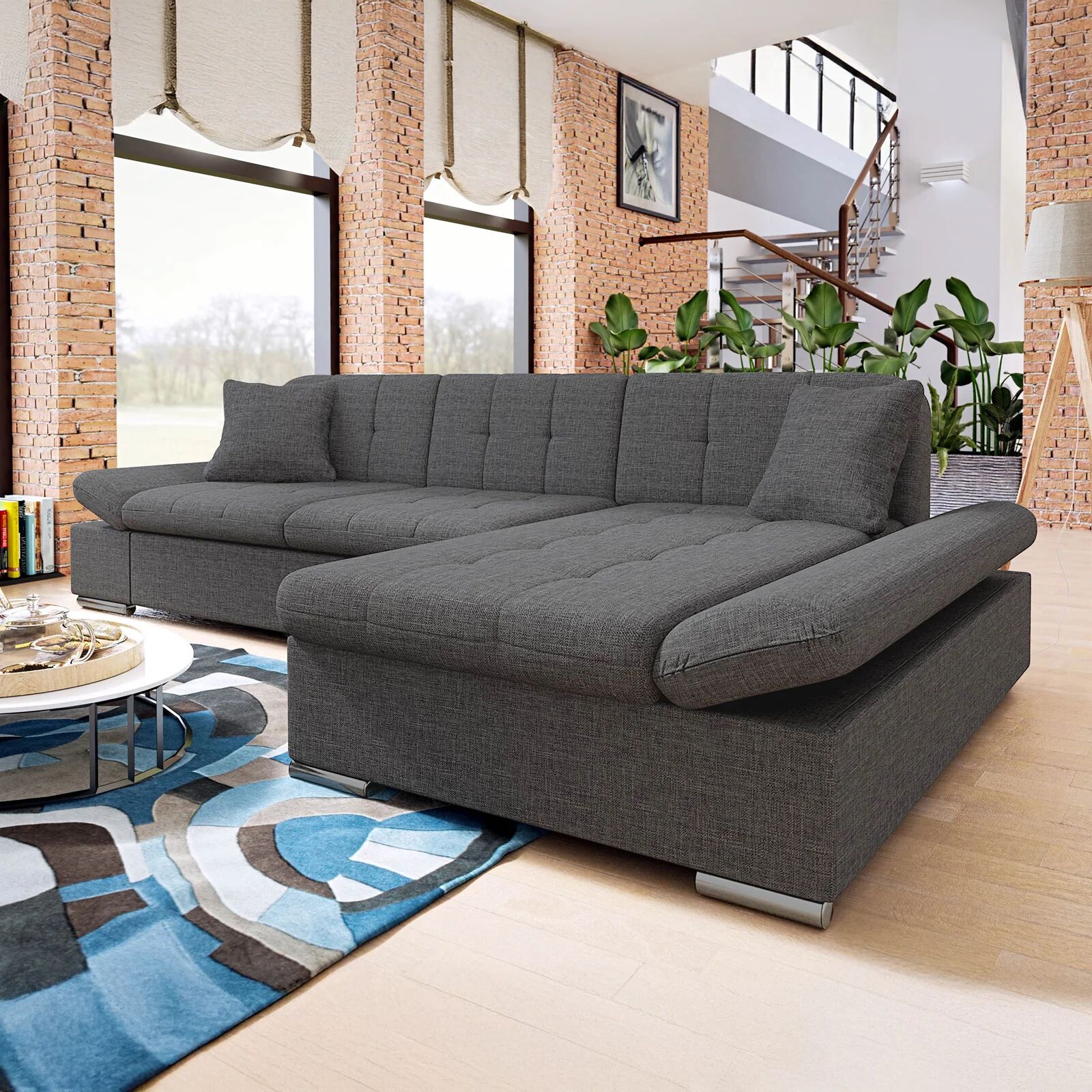garneroarredamenti Divano letto con angolo a destra 4 posti 278x161cm contenitore grigio Zenia