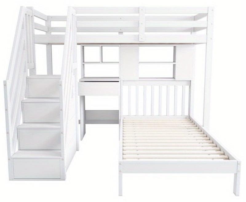Etagenbett 90x200 cm - Multifunktionales Hochbett für Kinder - Weiß mit Schreibtisch und Stauraum