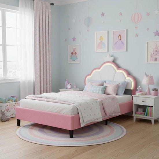 Kinderbett mit Polsterung - Mädchenbett mit Kronenmotiv - Für optimalen Schlafkomfort - Verstellbare LED-Leuchten - 140 x 200 cm - Rosa und Weiß
