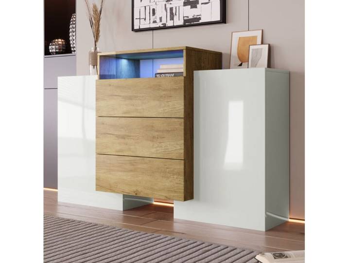 Buffet moderne 140 cm surface partiellement brillante blanc et bois avec LED multicolores