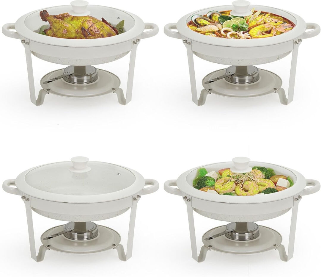 Rebrilliant 4PCS Maifanite Stone Coated Chafing Dish Buffet Set, 5-Litre Non-Stick Food Warmer Buffet Server with Glass Lids, Round Bain Marie Catering Serving Eq 31.5cm H
