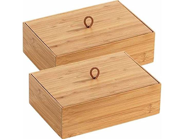 WENKO Accessoires Salle de Bain Boîte de Rangement Bambou Modèle Terra L avec Couvercle Organisateur de Maquillage et Bijoux 2er Set Pratique Bambou 22 x 7 x 15 cm Brun