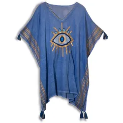 Nomad Sari Kaftan – Rich Blue & Gold Evil Eye Print