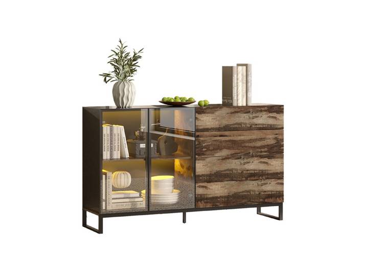 FUFU&GAGA Sideboard Highboard 160cm Vitrine mit LED, Glasvitrine Sideboard, Holz