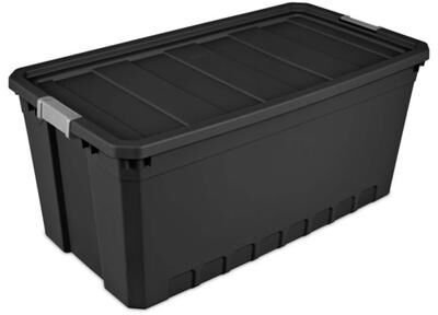 Sterilite 19 Gal Rugged Industrial Stackable Storage Tote w/ Lid, Black, 6 Pack
