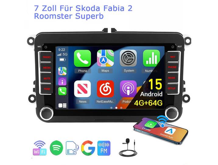 A-Sure Für Skoda Fabia Combi Roomster Superb GPS Navi RDS DSP 4+64G Bluetooth Autoradio (Digitalradio (DAB), Google play, Apple Carplay, Canbus)