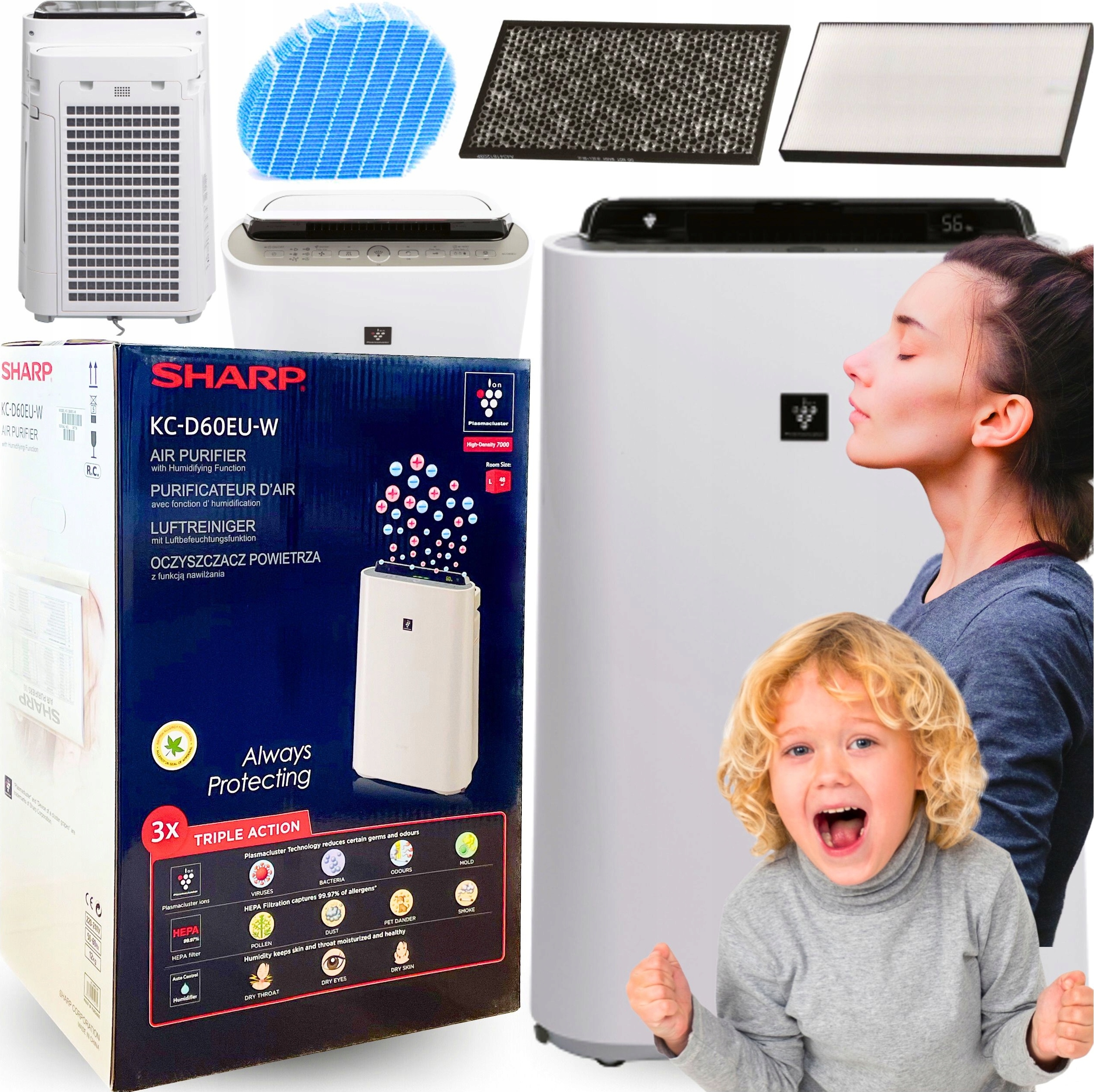 Sharp Luftreiniger KC-D60EUW HEPA-Luftbefeuchter für Allergiker, leise