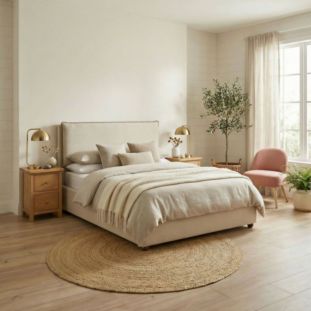 Ebern Designs Roselane Upholstered Fabric Ottoman Bed Frame - Pillow Headboard Design Cream Fabric Double