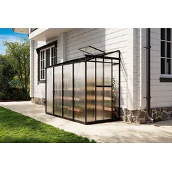 OUTFLEXX Verde Comfort Anlehn-Gewächshaus, schwarzer Rahmen, Aluminium/Polycarbonat, 265 x 125 x 210 cm, pulverbeschichtet, UV-Schutz, Schiebetür