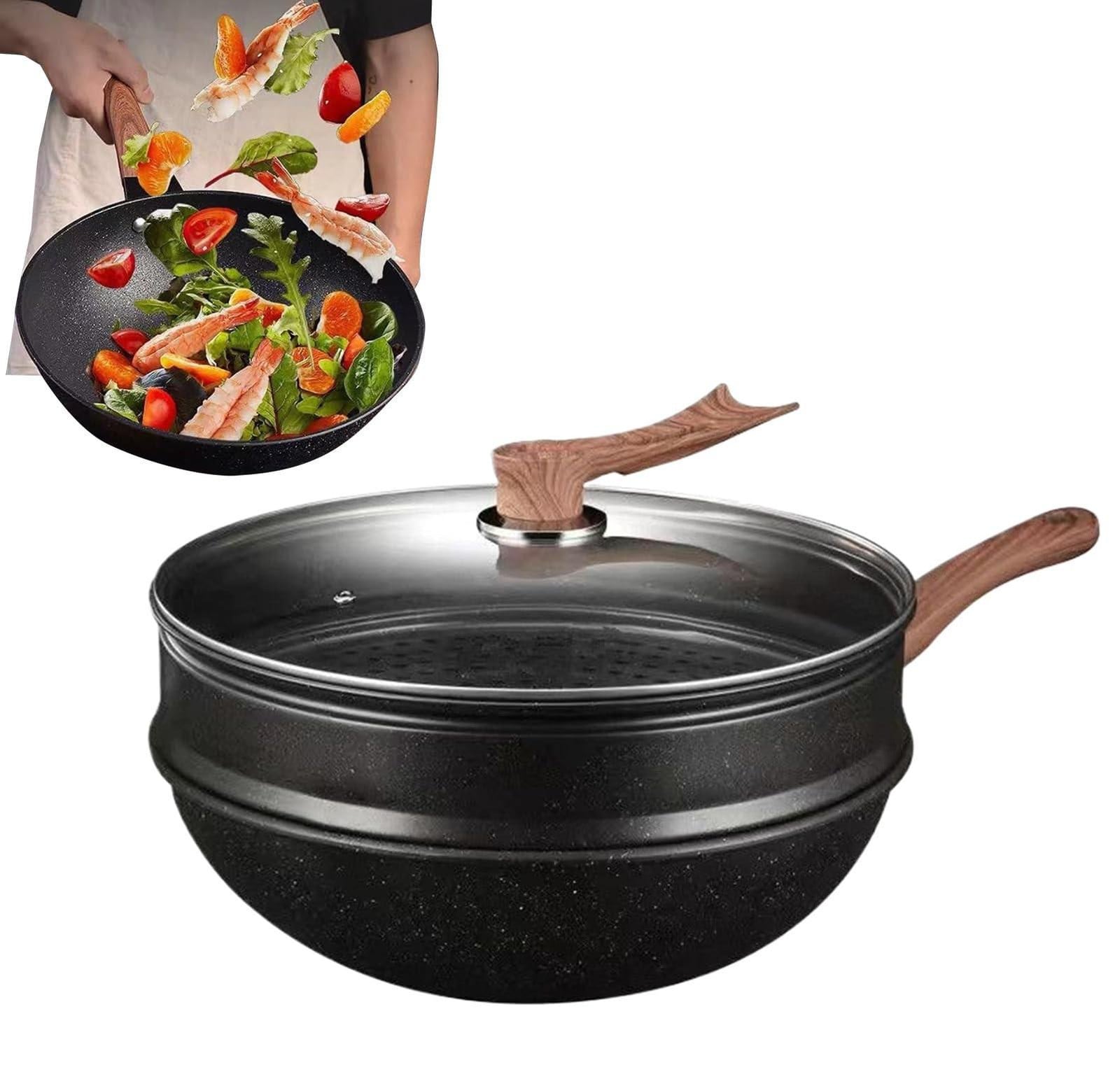 Antiaanbak Wokpan met Stoommandje, 32 cm