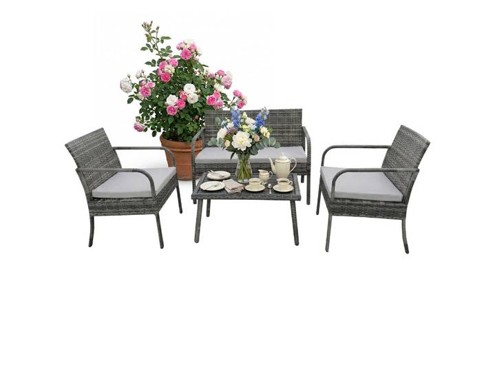 Relaxdays Gartenlounge-Set Grau 4-teilig Polyrattan, Kunststoff, Metall, Textil, Gartenmöbel, Gartengarnituren, Gartenmöbel-Set