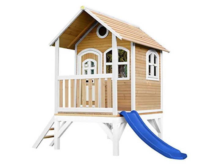 AXI Tom Spielhaus aus Holz in Braun & Weiß mit Blauer Rutsche Kinderspielhaus, Stelzenhaus mit Veranda & Rutsche für Kinder, FSC Holz, Podesthöhe 58 cm