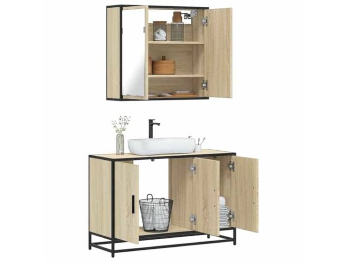 ZQQLVOO 2-TLG. Badmöbel-Set Sonoma-Eiche Holzwerkstoff Waschbeckenunterschrank mit Öffnung, Spiegelschrank zur Wandmontage, Metallgestell, Lowboard, reichlich Stauraum,