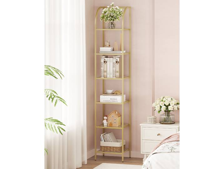Étagère bibliothèque, étagère arquée en verre trempé pour plus de rangement, unité d'étagère fine pour chambre à coucher, structure en acier, 6 niveaux, doré