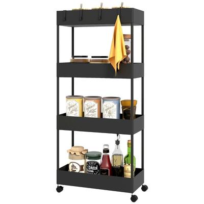 OKWISH Rollwagen Küchenregal 40x19x90 cm mit 4 Ebenen und Bremsrollen Schwarz schmaler Nischenwagen mit Haken, stabil und flexibel nutzbar