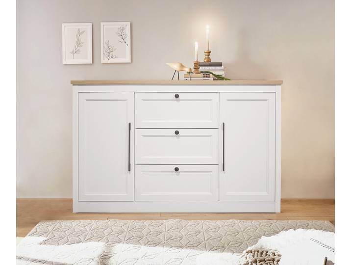 Sideboard GOODPRODUCT Ismund , transparent (weiß, naturfarben), B:148cm H:93cm T:39cm, Holzwerkstoff, Sideboards, Sideboard, aus MDF, mit Holz-Zierleiste, schwarzen Metallgriffen, Höhe 93 cm