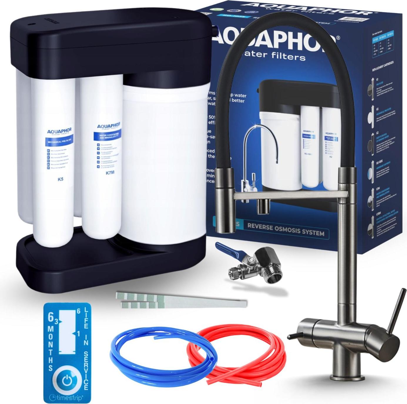 Wasserfilter Set Aquaphor Morion mit 3-Wege Küchenarmatur HighFlex Grafit, Umkehrosmose, ausziehbare Brause