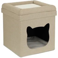 Relaxdays Katzenhöhle indoor, Schlafplatz für Samtpfoten, Katzenbox 2 Etagen, faltbar, HBT: 44 x 40 x 40 cm, braun/weiß