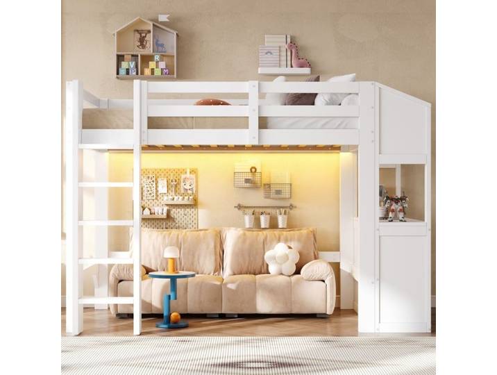 Luscriate - Lit Mezzanine 90x200 avec LED 3 Tiroirs Étagères Rangement Sécurité Chambre Enfant - blanc