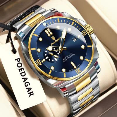 Inspire Select POEDAGAR Luxury Waterproof Men's Quartz Watch With Luminous Date & Dual Time gold Blue