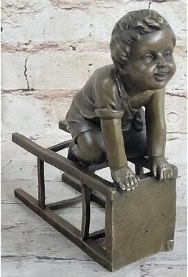 Bronzhaus Baby Toddler Child Playing On A Stool Bronze Metal Sculpture Figurine Decor Art