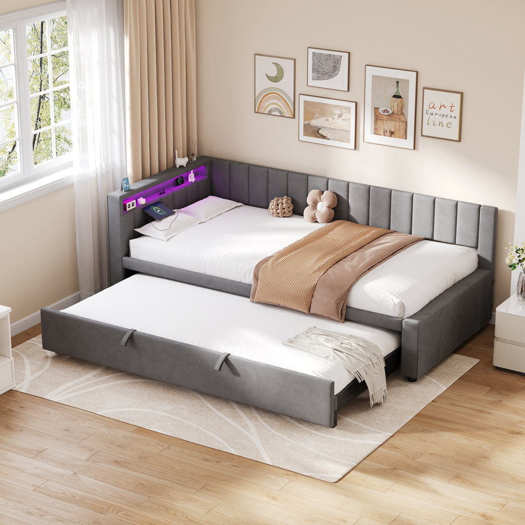 Metro Daybed with Trundle Bed Grey 74cm H X 98cm W X 209cm L