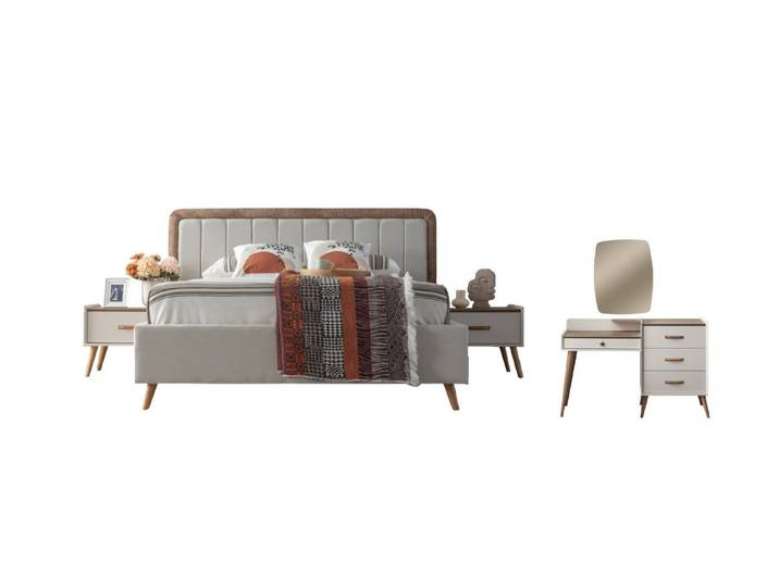 Villa Möbel Schlafzimmer-Set Giza, (Schlafzimmer-Set, 4-tlg., Bett mit Kopfteil, 2 Nachttische und Kommode), Bett mit Stoffbezug wohnlich ruhig pflegeleichtes Set
