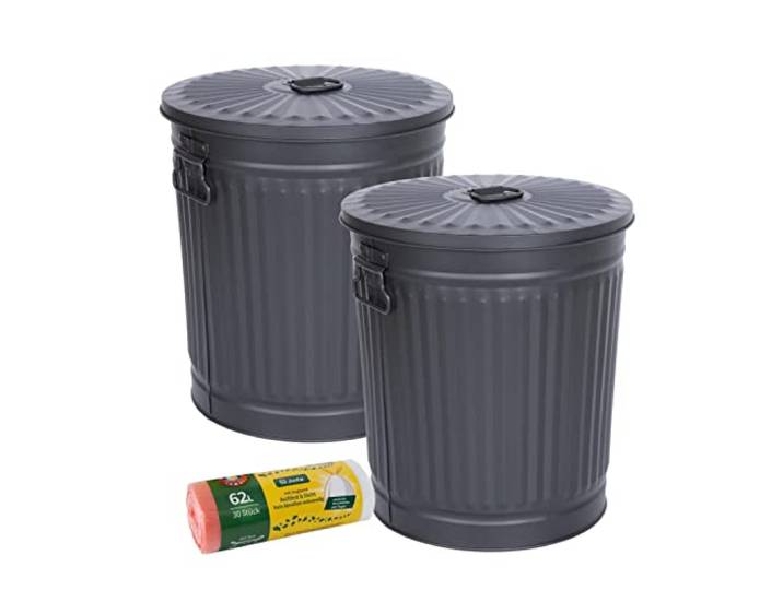 Jinfa 2er-Set Retrodesign Mülleimer mit Griffen und Deckel + 30 Müllbeutel schwarz 62L