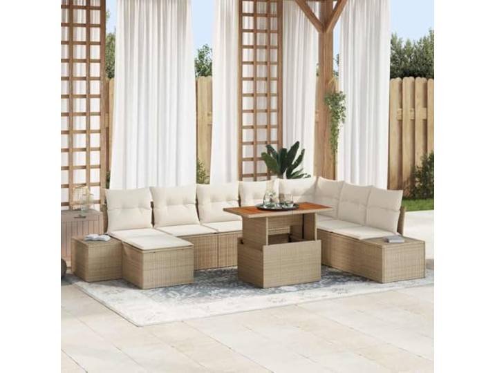 HEFZGDB 9-teiliges Poly-Rattan-Garten-Essset mit Eckbank und Sonnenschutz für Outdoor-Bereiche in Beige und Creme