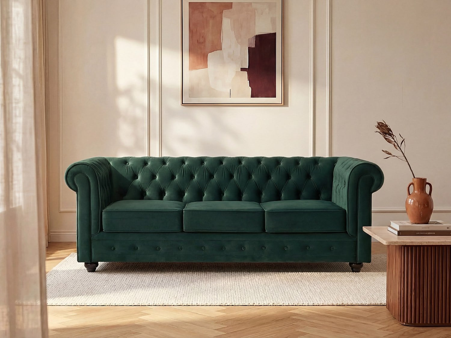 Groene Chesterfield driezitsbank van velours met afneembare hoezen
