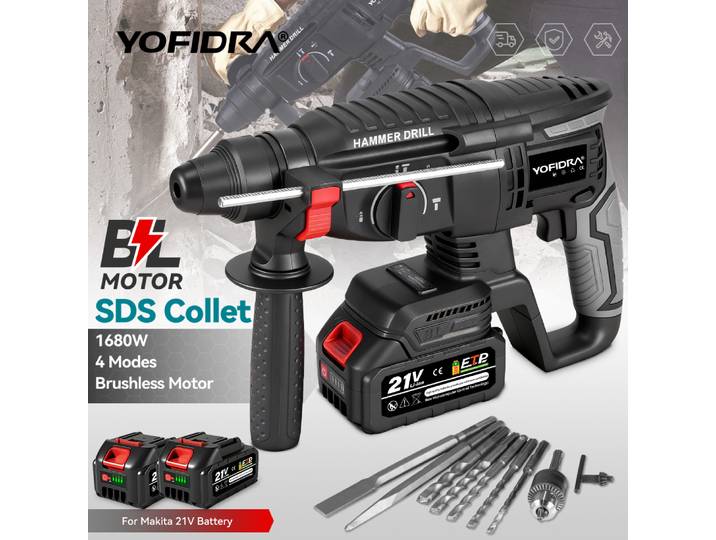 YOFIDRA 1680W marteau électrique sans brosse sans fil multi-fonction perceuse à percussion outil électrique rotatif pour batterie 21V 18V