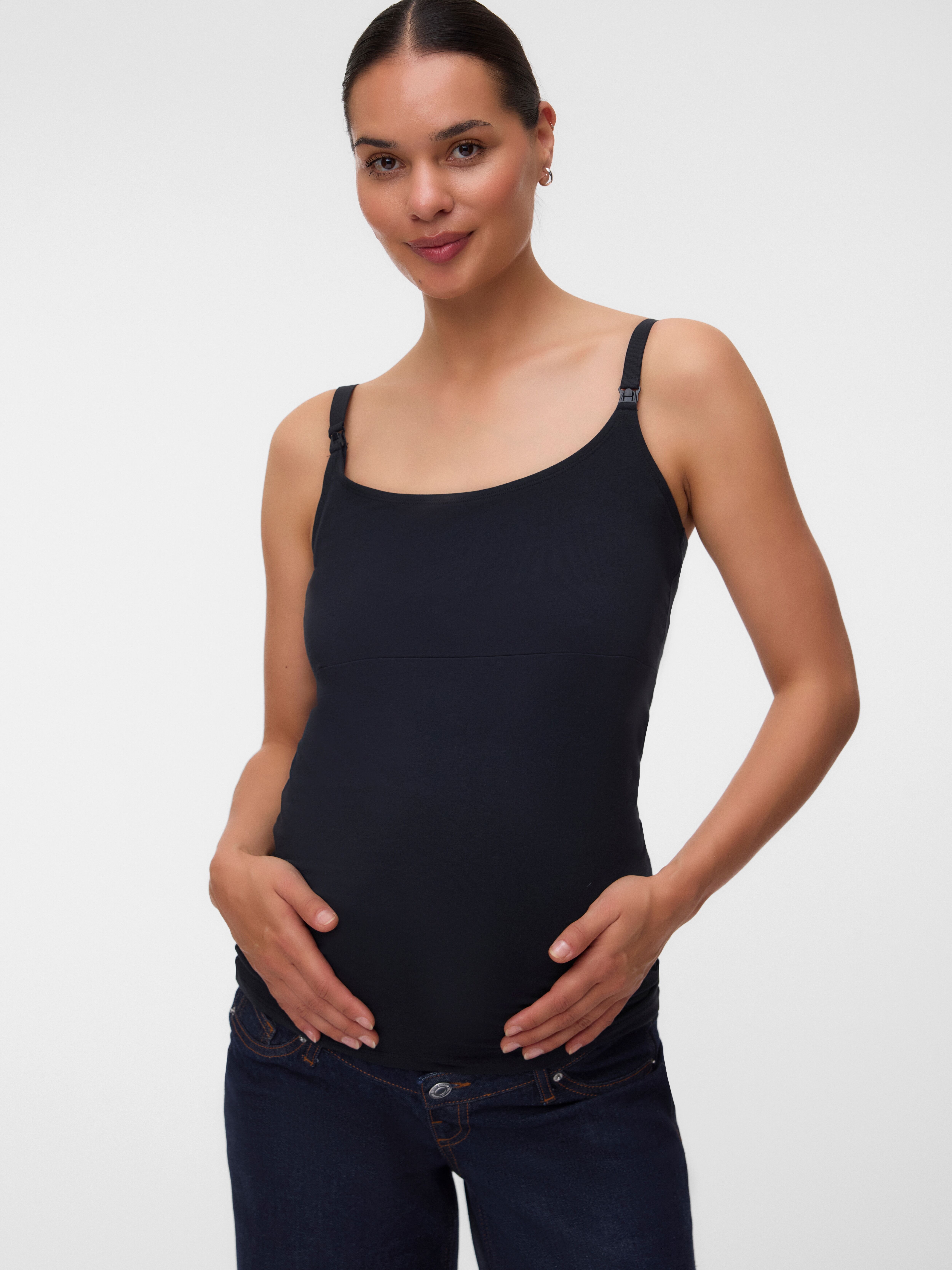 Umstandstop MAMALICIOUS "MLKERRIE STRAP JRS TOP 2F 2-P NOOS", Damen, Gr. XS, braun (hot fudge pack:schwarz), Jersey, Obermaterial: 95% Baumwolle, 5% Elasthan, unifarben, regular fit normal, Rundhals, Tops Umstandstop, Baumwollmischung, regular fit hot fud