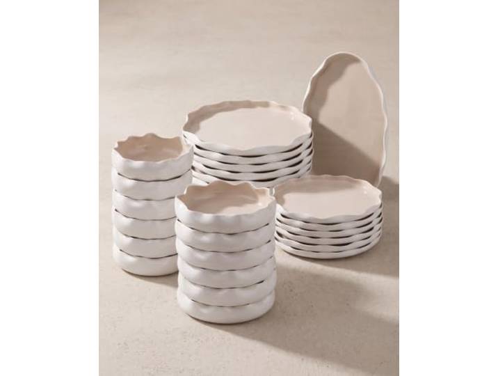 BRICARD Nice Porzellan-Geschirrset 25-teilig für 6 Personen, Weiß-Taupe Tafelservice im Japandi-Stil: Speise-, Dessert- & Suppenteller, Schalen & Servierplatte; spülmaschinen- & mikrowellengeeignet