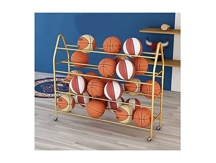 Basketbal Aufbewahrungsregal 4 Stapel Organizer Metallregal Mit Lenkrollen Aufbewahrung Regal Platzsparend Beweglicher Ball Halter für Fußball Basketball Volleyball(Gold,140CM)