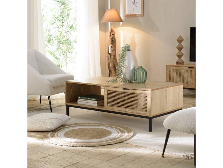 MARCEAU - Table basse 1 niche 2 tiroirs cannage pieds métal noir MARCEAU