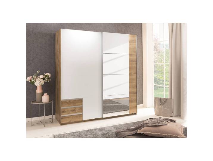 Schwebetüreschrank Emden 180 x 198 x 64cm Braun/Alpinweiß/Plankeneiche Dekor 1 Spiegeltür