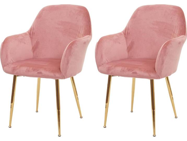 2er-Set Esszimmerstuhl HWC-F18, Stuhl Küchenstuhl, Retro Design - Samt altrosa, goldene Beine