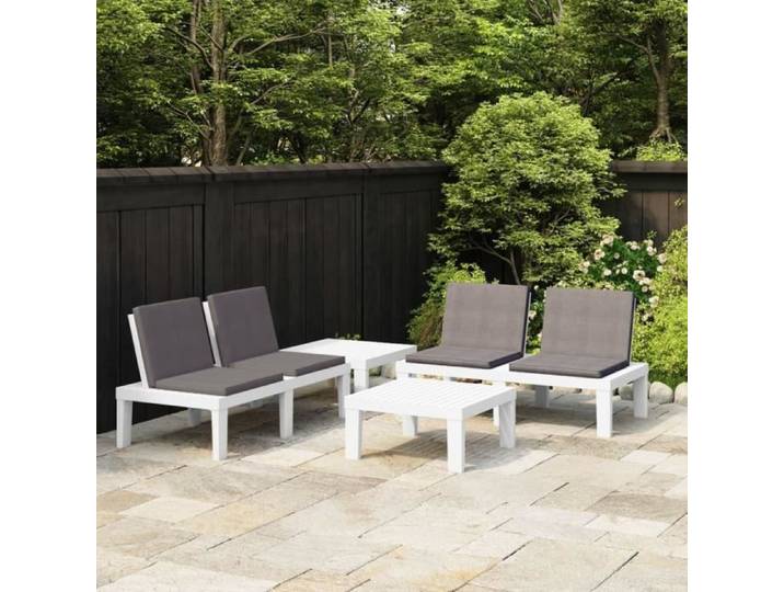 518&{HOME} Salon Bas Terrasse Belle Finition - MEUBLE de jardin 4 pcs avec coussins Plastique Blanc - 65 x 65 x 33 cm NEW