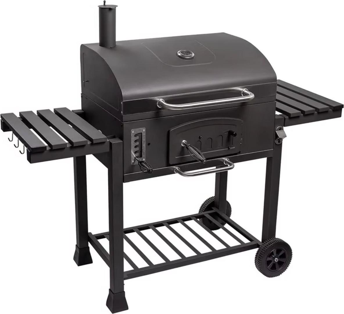 BBQ Holzkohle-Grill Trolley - Mobiles Grillstation mit Aschebox, Thermometer & Flaschenöffner - Für Garten, Camping & Outdoor