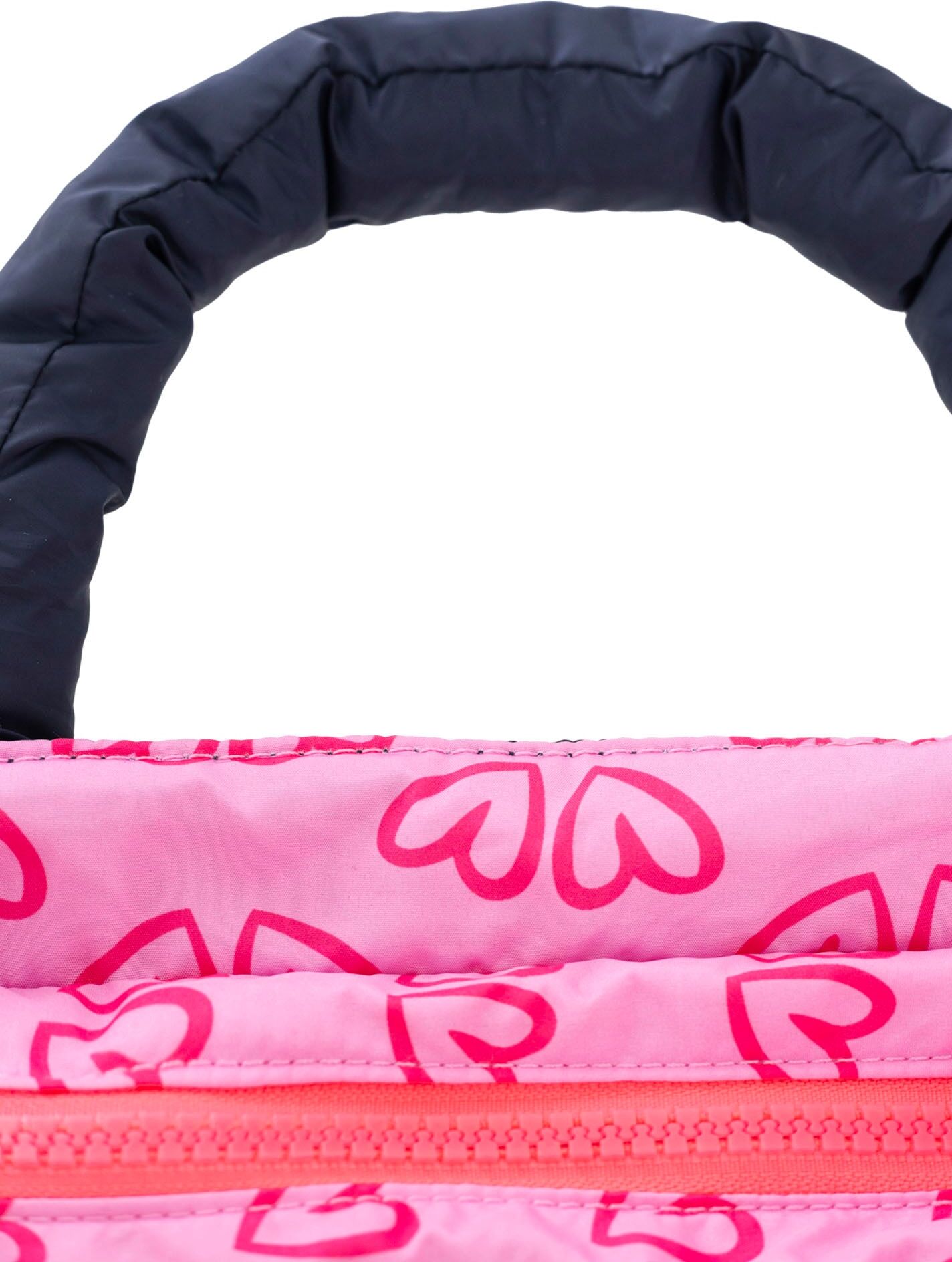 Tragetasche ZWILLINGSHERZ "Steppung & Patch", Damen, Gr. B/H/T: 29cm x 20cm, schwarz (marine), Polyester, Taschen, mit Steppung, abnehmbarer Schulterriemen, pinkes Patch