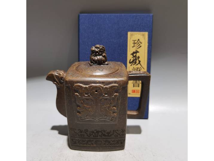Pot en argile violette Yixing chinois de 5 pouces, Statue Kirin, bouche de bête, Pot carré, bouilloire, théière, Flagon, ornements de fortune, maison de ville
