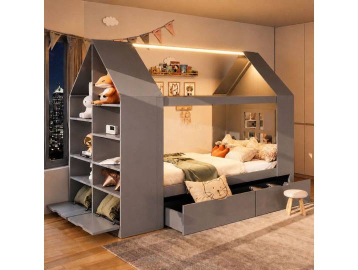 Lit cabane enfant 90x200 Lit enfant multifonction maison avec deux tiroirs éclairage LED espace de rangement 1 place sommier gris
