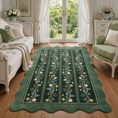 BLUEBELL Scalloped Floral Washable Area Rug – Soft Low-Pile Non-Slip Vintage Carpet