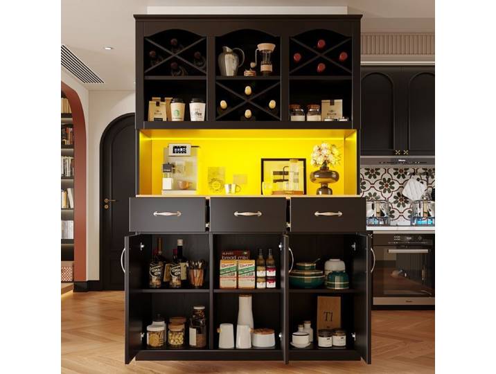 Meuble de cuisine 120×40×180 cm buffet haut buffet multifonction meuble de rangement trois portes trois tiroirs éclairage LED noir