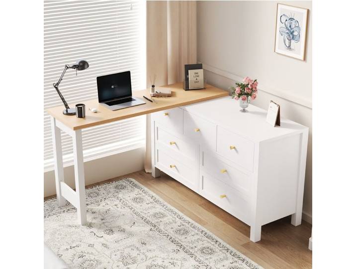 Bureau rotatif 360° avec commode 7 tiroirs blanc et aspect chêne 120x40x70 cm